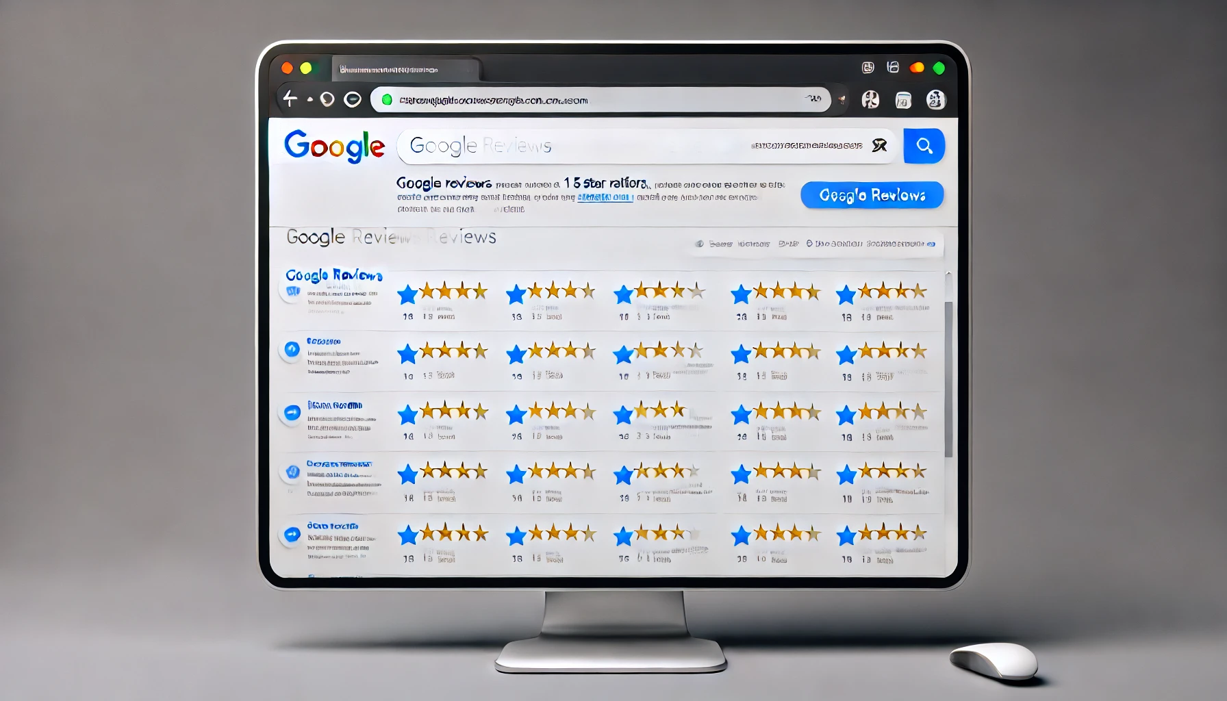 A realistic, high-resolution image of a browser window open on a computer screen. The browser displays a Google Reviews page with a mix of text review