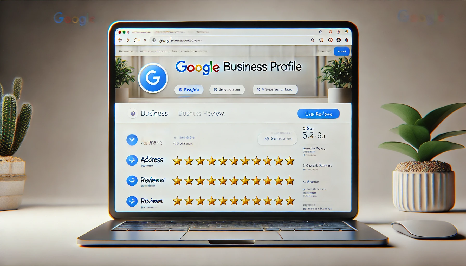 A realistic image of a browser window on a computer screen displaying a Google Business Profile with a 5-star review section