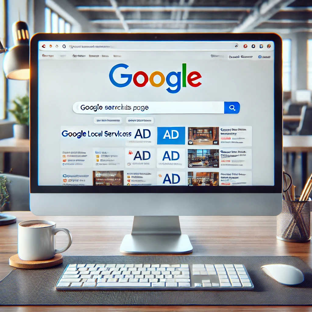 A realistic image of a browser window displaying Google search results including ads for Google Local Services Ads.